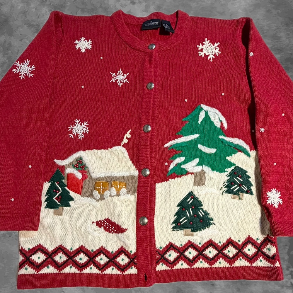 VINTAGE 90s woodsy cabin snow scene knit sweater cardigan pine tree snowflake